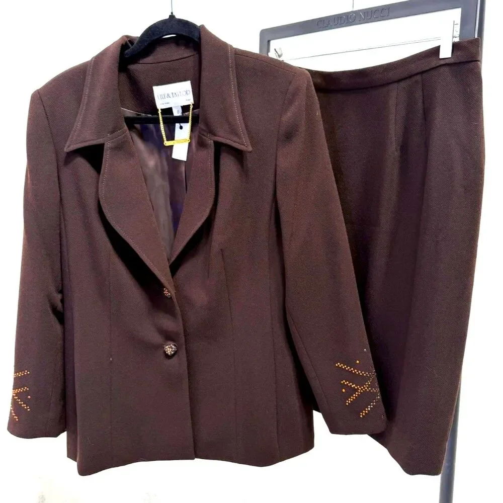 Lily & Taylor Vintage Made in USA brown embellished skirt suit set - Picture 1 of 12
